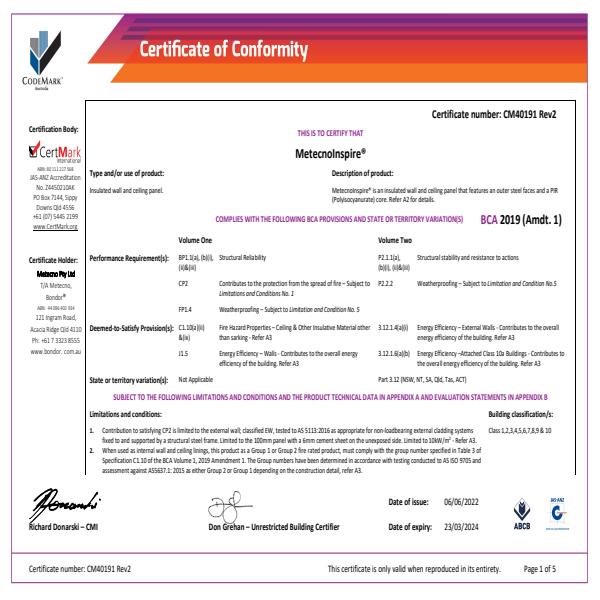 Certificate of Conformity MetecnoInspire