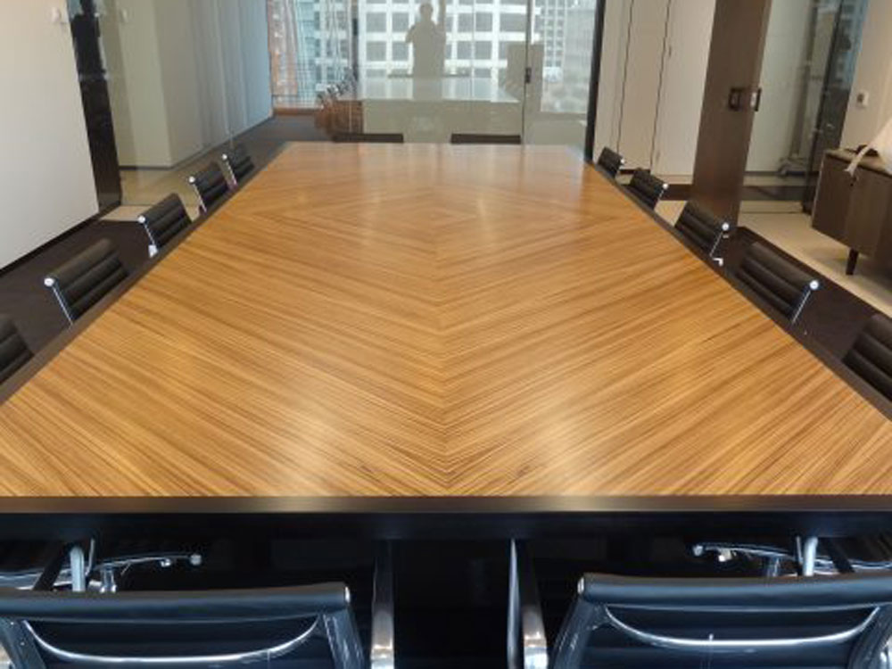 Image courtesy of APR Joinery: Boardroom table with Zebrano Veneer laid 