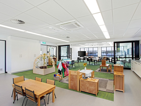 The two-storey, purpose-built Health and Early Childhood Training Centre (HECTC) accommodates nursing, allied health, individual support and early childhood education and care, along with specialised nursing and individual support labs, specialised early childhood learning spaces and general-purpose classrooms – sectors all catered to local job demands.