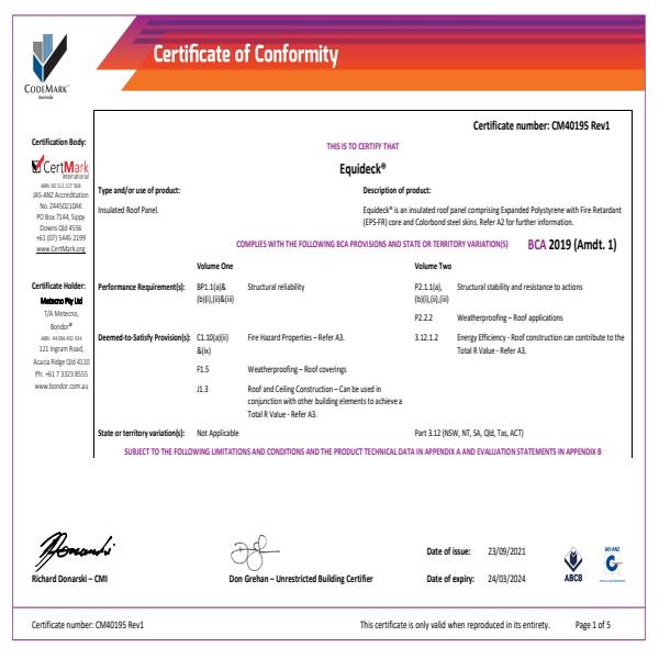 Certificate of Conformity Equideck