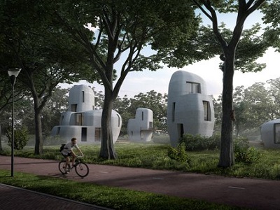 An artist&rsquo;s impression of the five 3D-printed concrete houses in Eindhoven. Picture: Houben/Van Mierlo architects
