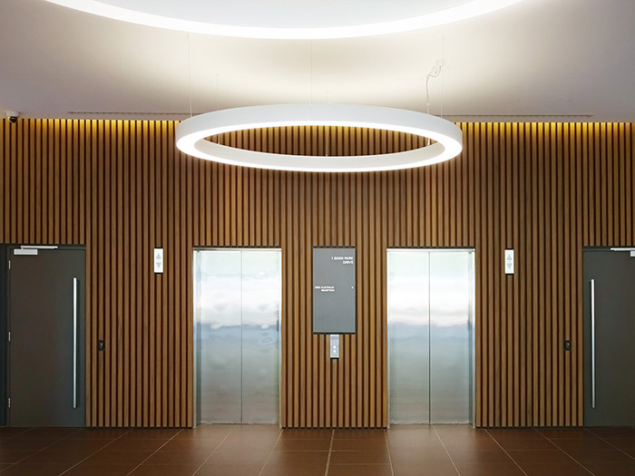 Lift foyer with timber cladding panels