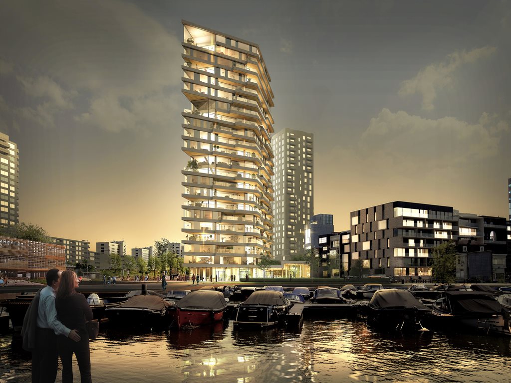 Amsterdam&#39;s the soon-to-be completed HAUT tower commands attention with its distinctive timber façade. Image: Supplied
