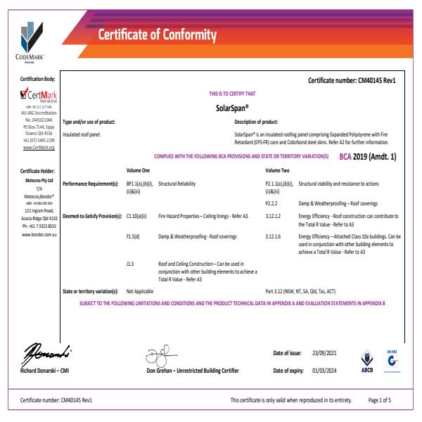 Certificate of Conformity SolarSpan R01