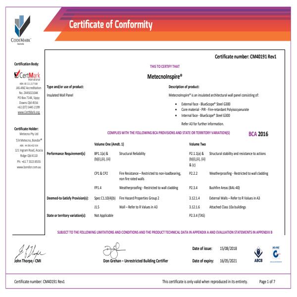 CodeMark Certificate of Conformity MetecnoInspire