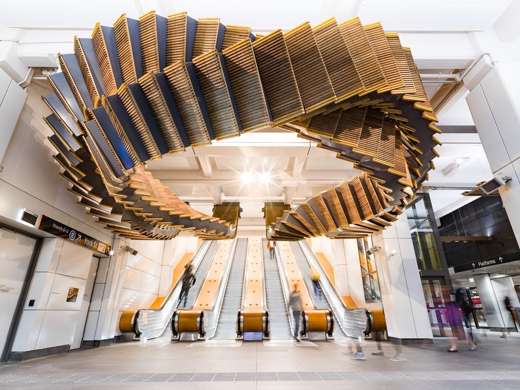 Interloop is a sculptural installation by artist Chris Fox that hangs from Wynyard Station ceiling. Photography by Josh Raymond
