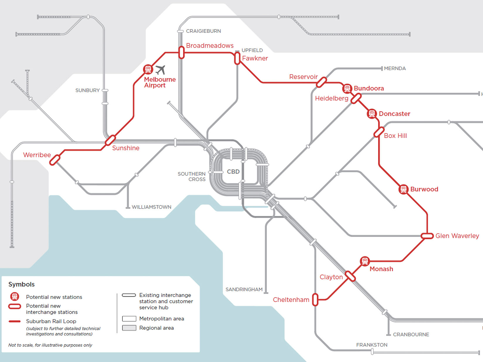 The $50 billion underground suburban rail network, which is expected to be completed by 2050 in stages, will link every major rail line in Melbourne as well as the new airport rail. Image: Victorian government
